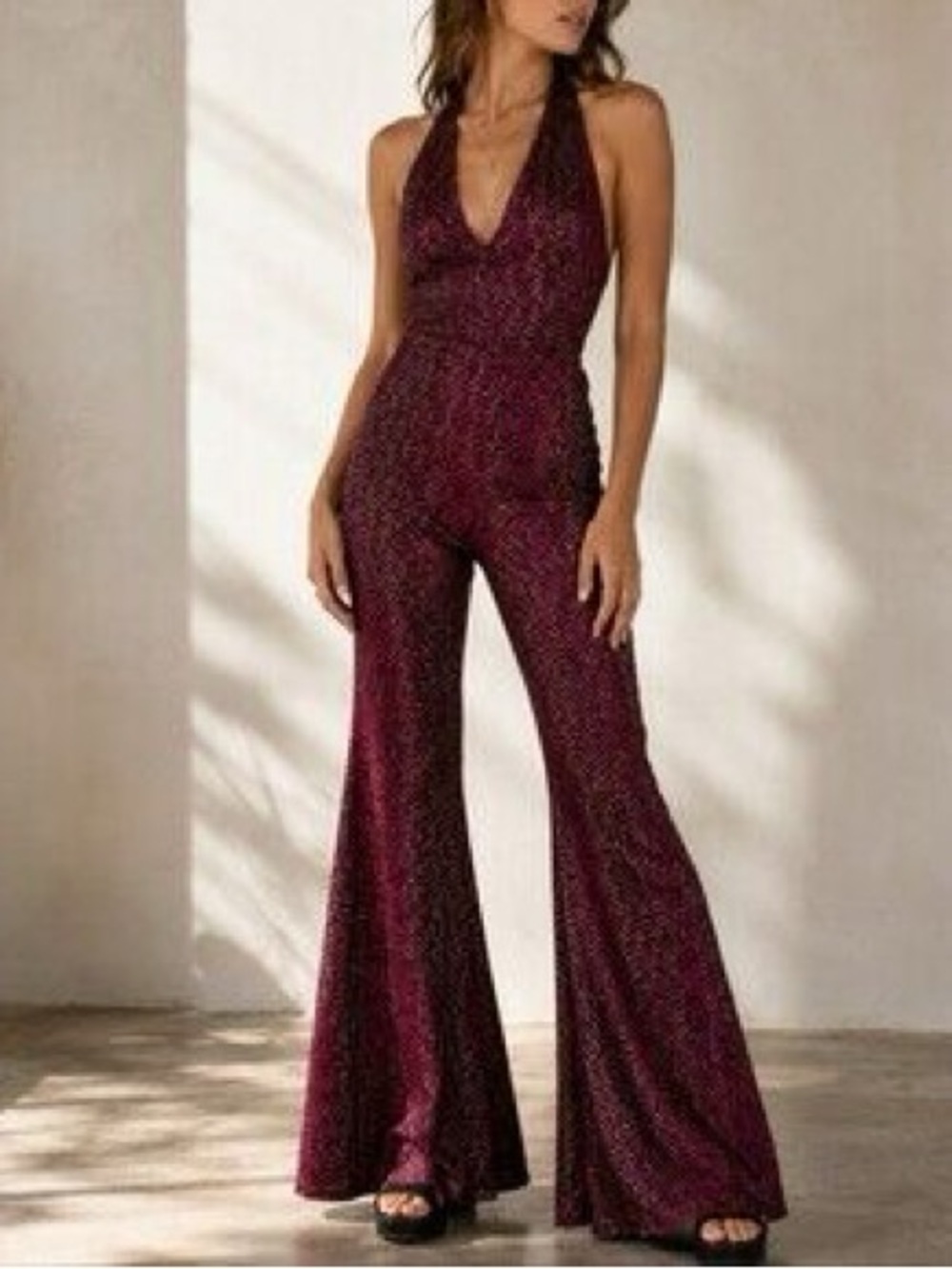 Motel Sparkle Halter Wide-Leg Jumpsuit - Burgundy